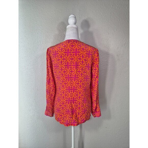 Trina Turk Silk M Tropical Split Neck Blouse Shirt Long Sleeve Pink Orange N37 - Picture 3 of 7